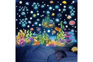 HSDSH Glow in The Dark Under The Sea Wall Decals, Coral Reef and Seaweed Undersea Ocean Wall Stickers Luminous Removable Underwater Sea Wall Stickers for Kids Boys Bedroom Watercolor Ocean Creatures Decor