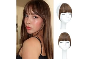 DinkyTims Clip in Bangs 100% Real Human Hair Bangs Hair Clip Medium Brown French Fake Bangs,Clip on Bangs for Women Faux Bangs Clip in Hair extensions/Pieces with Hair Roller