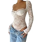 SweatyRocks Women's Sheer Lace Long Sleeve Underwire Bodysuit Corset Tops Skinny Leotard