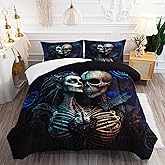 AILONEN Sugar Skull Comforter Set Queen Size,Skull Couple Skeleton Bones Bedding Set,3D Blue Rose Skull Bed in a Bag Goth Duvet Set 3 Pieces, 1 Quilt and 2 Pillowcases