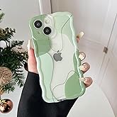 DEFBSC for iPhone 14 Plus/15 Plus Case, Cute Clear Wavy Art Design Aesthetic Pattern Phone Case for Women Girls, Wave Frame Durable Protective Cover Full Camera Protection Bumper, Green