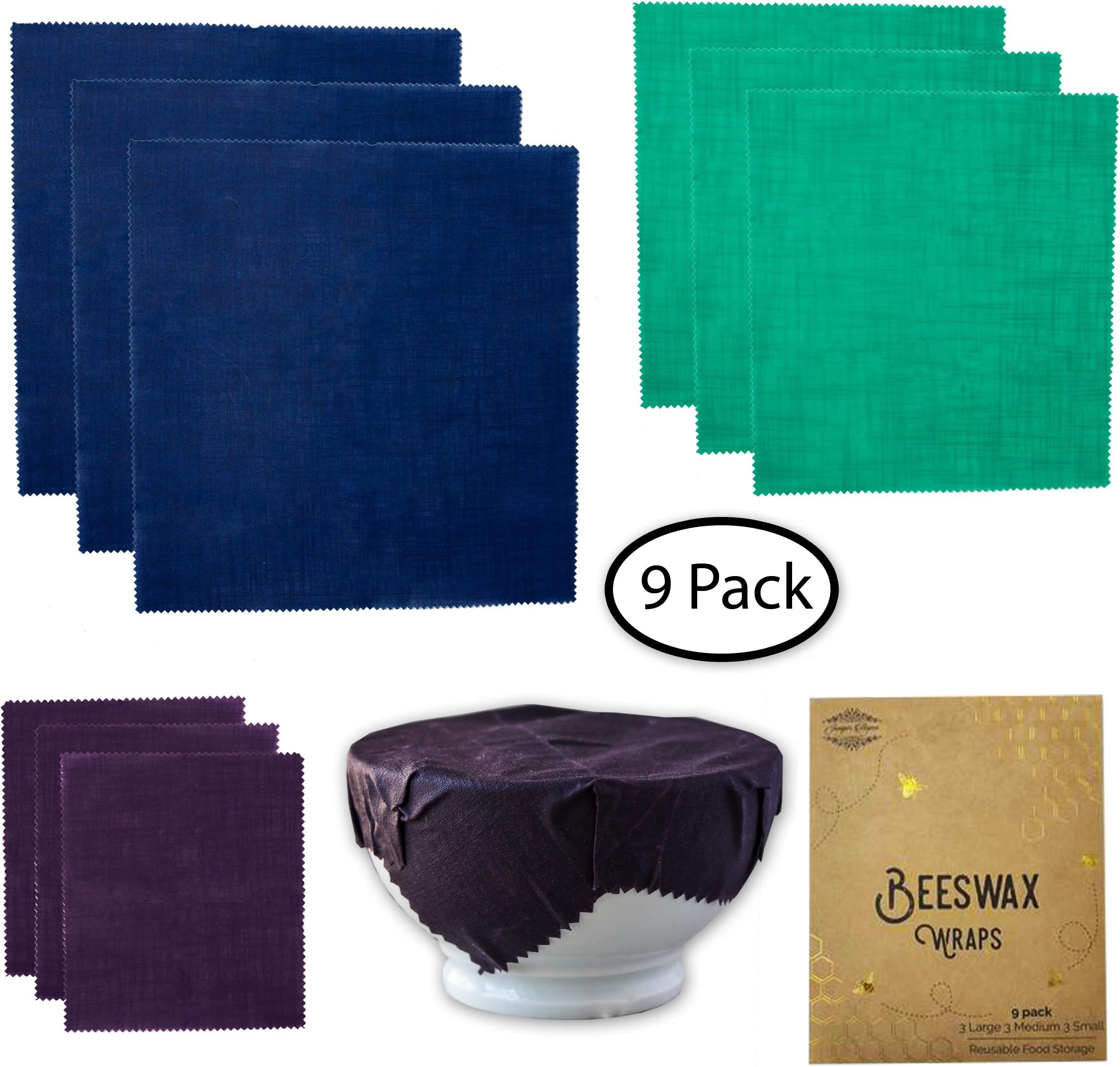 Beeswax Food Wrap: 9 Pack Organic Reusable Cotton Bees Wax Wraps, Eco-Friendly, Sustainable, Zero Waste, No Plastic, Biodegradable Natural Alternative Food Storage, 3 Large, 3 Medium, 3 Small