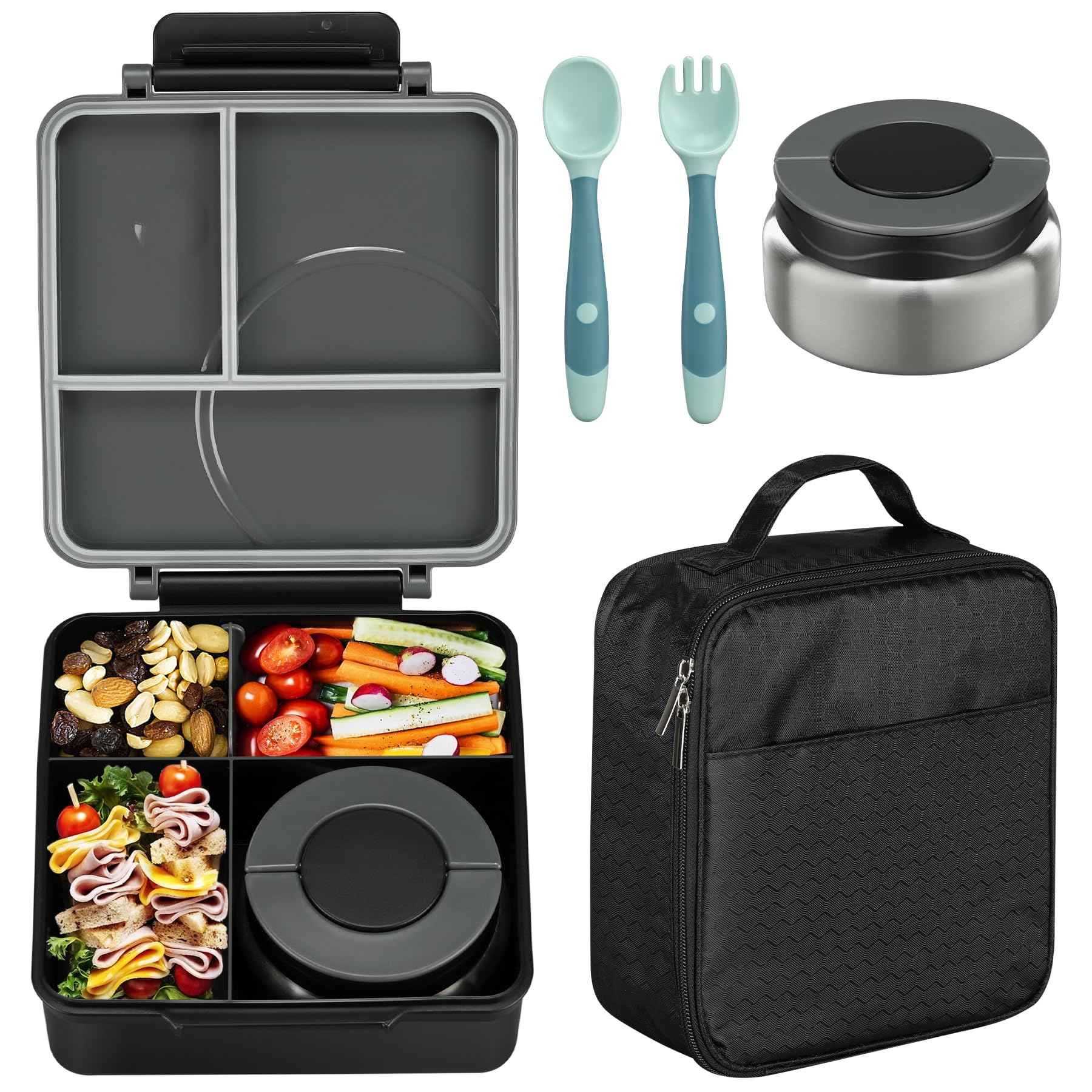 Photo 1 of **PARTIAL SET/MISSING PIECES** Bento Lunch Box Set for Kids with 8oz Soup Thermo, Leak-Proof Lunch Containers with 4 Compartment, Kids Thermo Hot Food Jar and Insulated Lunch Bag for Kid to School-Black