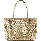 Woven Tote Bag For Women Hand Make Vegan Leather Shoulder Bag Handbag Zip Closure Beach Tote Travel Hand Bag