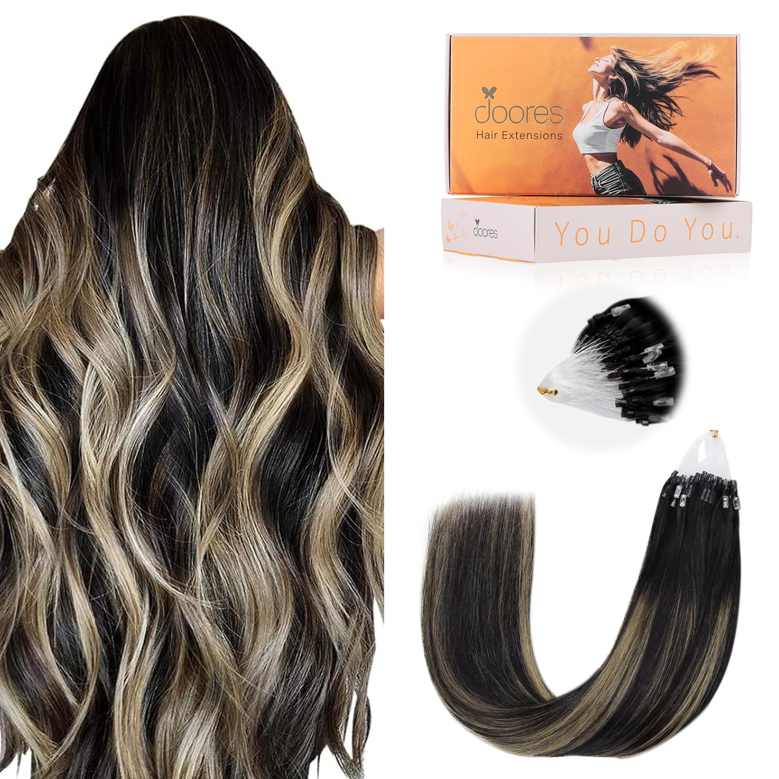 DOORES Micro Hair Extensions Real Human Hair, Balayage Natural Black to Light Blonde 22 Inch 50g 50s, Natural Remy Micro Ring Hair Extensions Cold Fusion — image 1