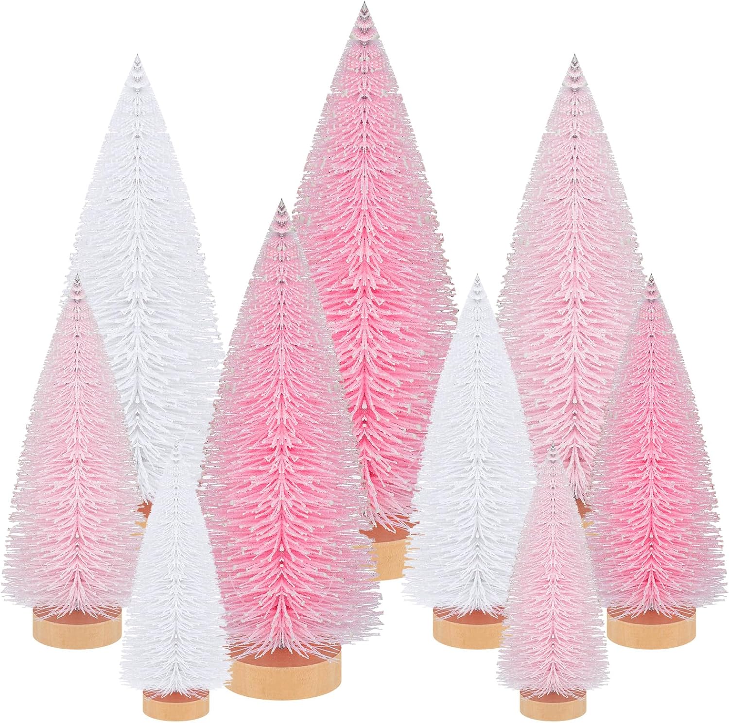 Trees - Leyndo 9 Pcs Artificial Mini Christmas Tree Xmas Sisal Bottle Brush Trees with Wood Base Christmas Pine Trees for Christmas Party Table Top Decor Winter Ornaments Home Kitchen Crafts (Multi Color)