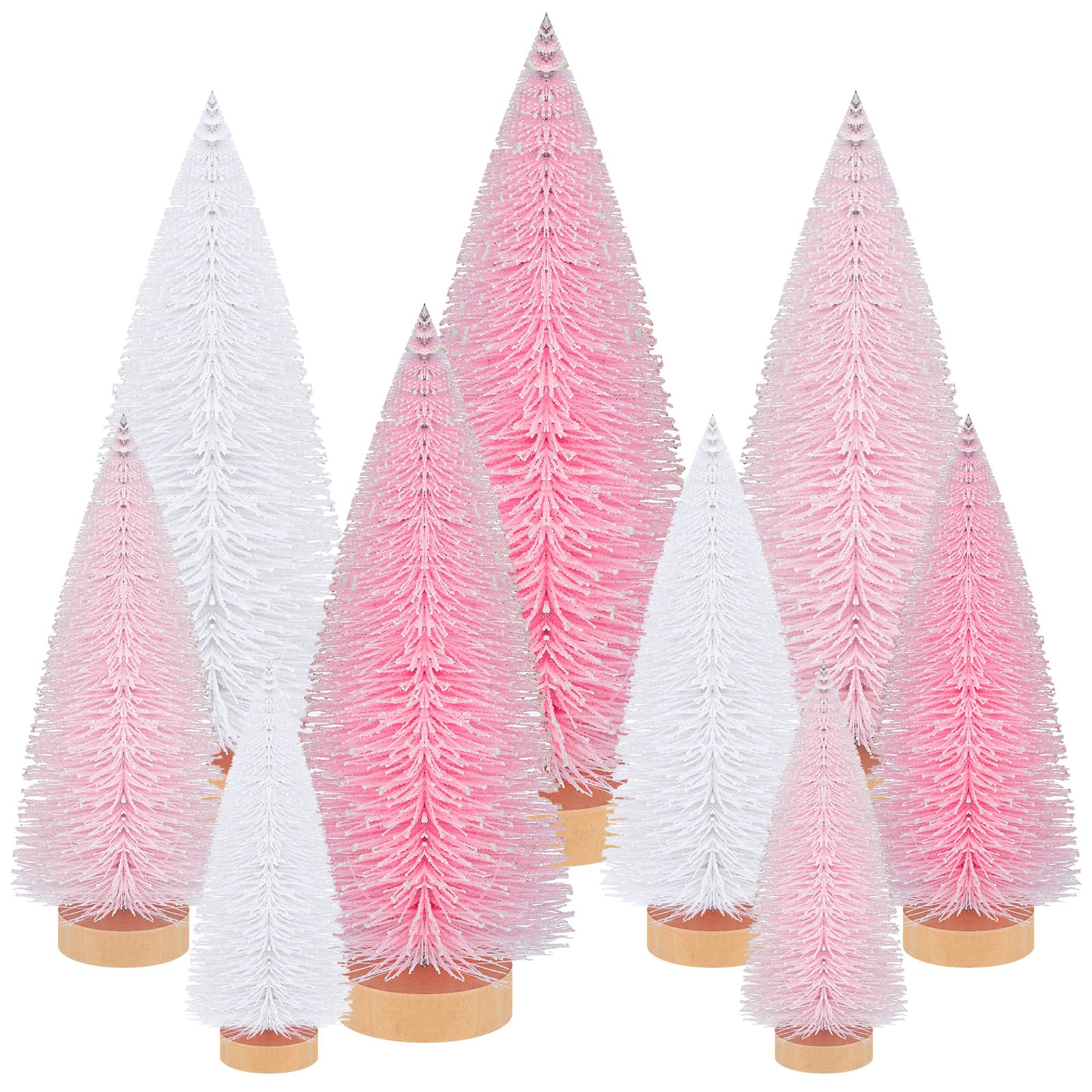 Photo 1 of **Only 5** Leyndo 9 Pcs Pink Classic Artificial Mini Christmas Tree Sisal Bottle Brush Trees with Wood Base Christmas Pine Trees for Autumn Winter Holiday Home Kitchen Party Decor