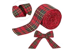 BOAO Christmas Wired Edge Plaid Ribbon 2.5 Inches Black and White Buffalo Wrapping Ribbon Gingham Ribbon for Christmas Tree Wreath Gift Wrapping, Crafts, and Decorations(Red with Green and Gold Line Plaid)