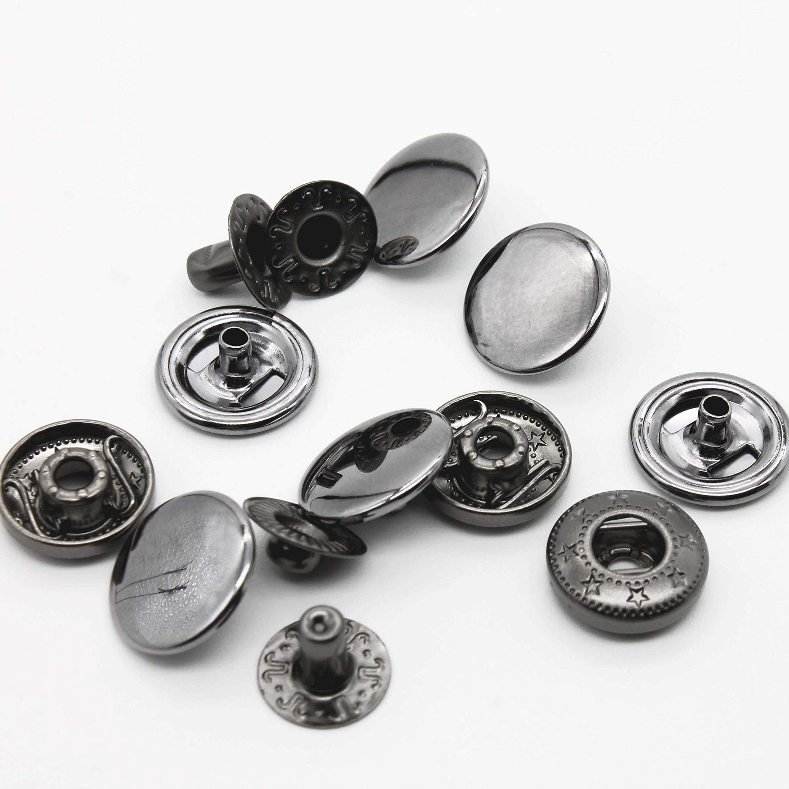 Raydodo 12 Set Leather Snap Fasteners Kit, 15mm Metal Snap Buttons Kit Press Studs with 4 Install Tools, Rivets and Snaps for Clothing, Jeans, Jackets, Bracelets, Bags (Black)