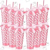 SiliFine 12 Sets Halloween Ghosts Tumbler Cups Bulk 24 oz Reusable Cute Spooky Plastic Tumbler with Straw Lid and Bow Ghost Party Favor for Little Boo Baby Shower Party Supplies(Pink)