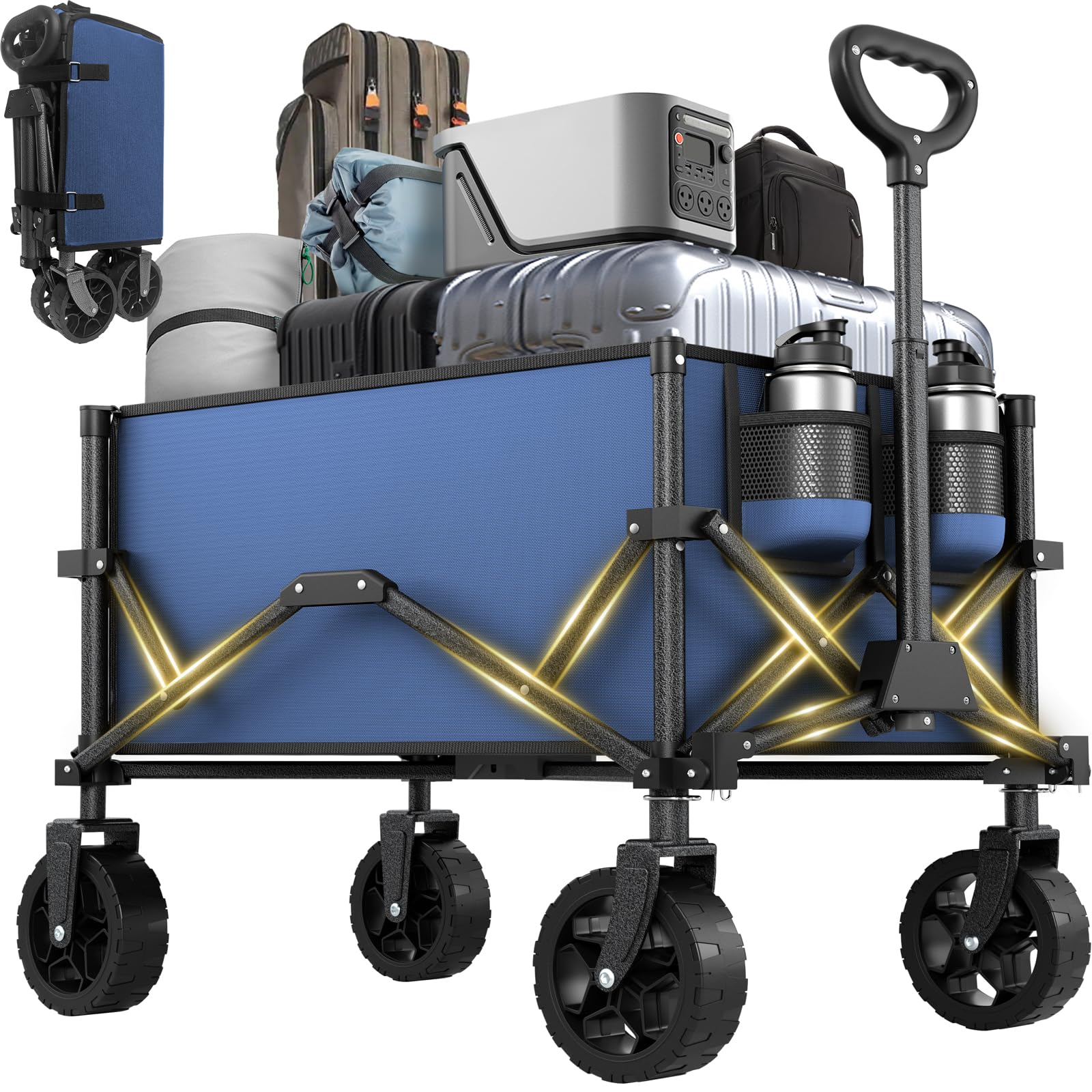 Photo 1 of Navy Blue Collapsible Wagon with Wheels, Portable Wagons Carts Foldable, Folding Wagon Cart for Groceries, Sports Garden Shopping Utility Wagon