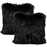 LIGICKY Set of 2 Black Fluffy Pillows Luxury Series Soft Faux Fur Throw Pillow Cover Decorative Square Plush Pillow Case Cushion Cover for Couch Sofa Bed, 18" x 18"