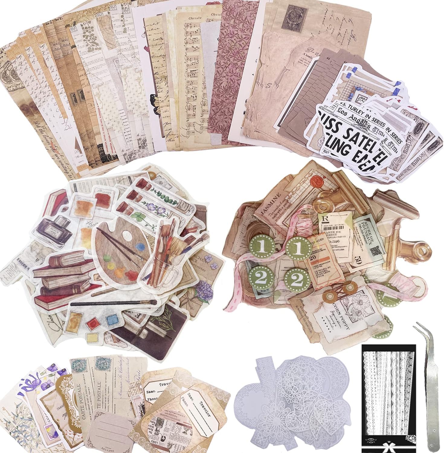Carreuty 290pcs Aesthetic Scrapbooking Stickers Paper Pack, DIY Decorative Paper Book and Study Tool Supplies Stickers Paper Kit for Scrapbook Supplies Journal Kit (Art Time Kit)