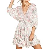 Umimore Women Casual Summer Dresses Loose V Neck 3/4 Sleeve Ruffle Floral Flowy A-Line Boho Mini Short Beach Dress