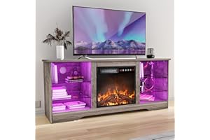 TAVATA Fireplace TV Stand with 18''Fireplace, Modern Entertainment Center for TVs up to 68 inch, Media TV Console with Adjustable Glass Shelves and Storage Cabinets(Gray)