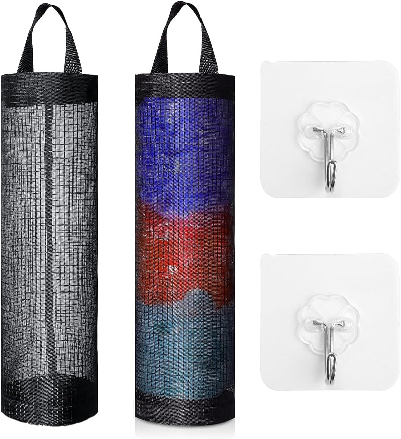 hioseyre 2pcs Carrier Bag Holder with Hooks - Grocery Mesh Organizer