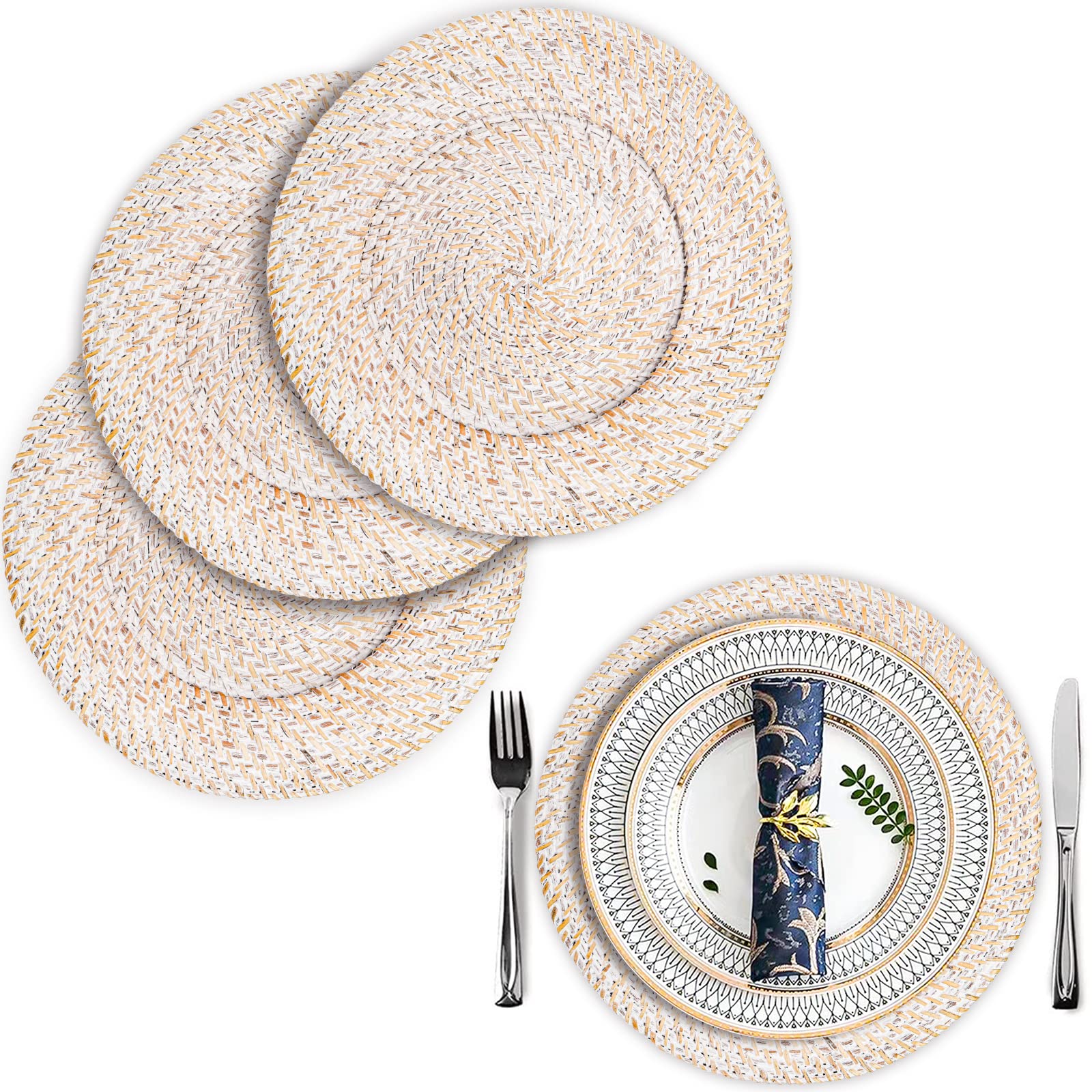Photo 1 of Nicunom 4 Pack Premium Rattan Charger Plates, 13 Inch Rustic Chargers Plate for Dinner Round Woven Chargers Plate for Wedding Christmas Dinner Party Event Decoration, White