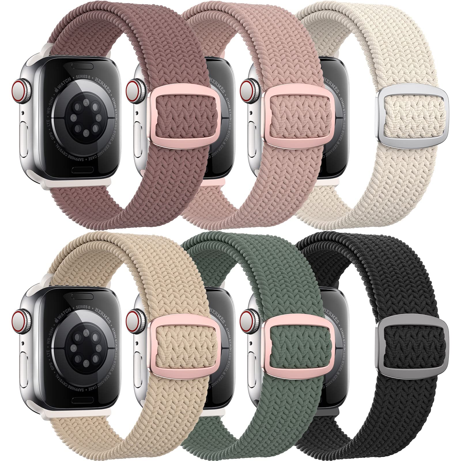6 Packs Nylon Stretchy Bands Compatible With Apple Watch Bands 42mm 44mm 45mm 49mm for Women Girls, Adjustable Braided Solo Loop Sport Bands for iWatch Series Ultra 10 9 8 7 6 5 4 3 2 1 SE