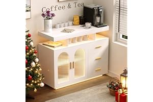 HWB Sideboard Buffet Cabinet with Charging Station, Coffee Bar Table with RGB LED Light, Auto-Sensor Design, Bar Cabinet with Storage with 3 Drawers and 2 Doors for Kitchen, Dinning(White)