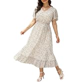 Nemidor Women Plus Size Summer Casual Midi Dress Floral Boho | Sizes 14-26 Plus,Curvy,Long,Spring,Chiffon,Print,Belted waist,Wedding,Party,Vacation,Beach,Cocktail,Easter,Church