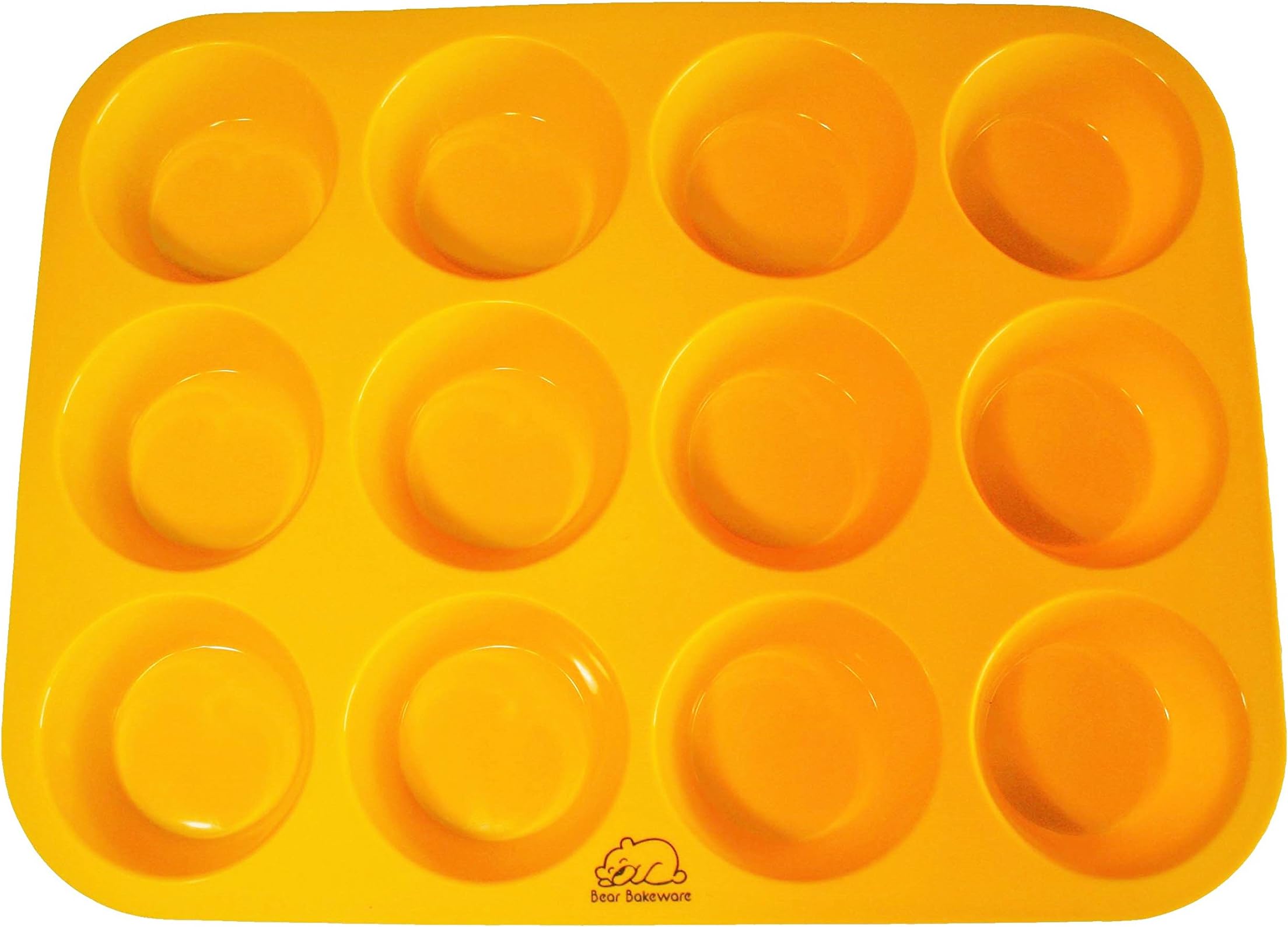 Yellow 12 Cup Silicone Muffin/Cupcake Pan with Recipe eBook (14) by Bear Bakeware, Non-stick, BPA-free, Dishwasher Friendly, FDA Approved 100% Food Grade Silicone by Bear Bakeware