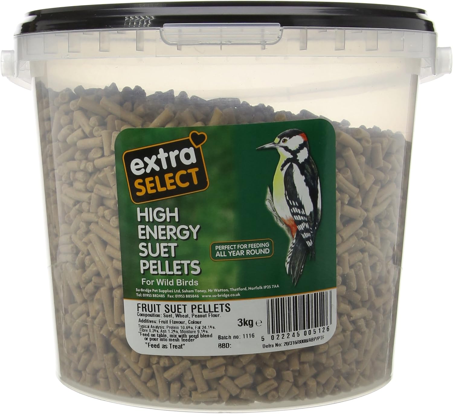 Extra Select High Energy Fruit Suet Pellets Wild Bird Treat Tub, 3 kg