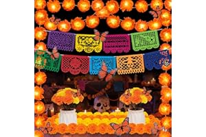 OUDDY MODE 74 Pcs Day of The Dead Decorations, Dia de Los Muertos Decorations Include Marigold Garland, 42 Marigold Flowers with Stem, 9 Mexican Banners Papel Picado, 12 Butterflies, 10 Skull Swirls
