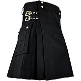NINE AXIS Black Utility Kilt for Men Traditional Scottish Highland Wear Solid Pleated Cotton with Cargo Pockets