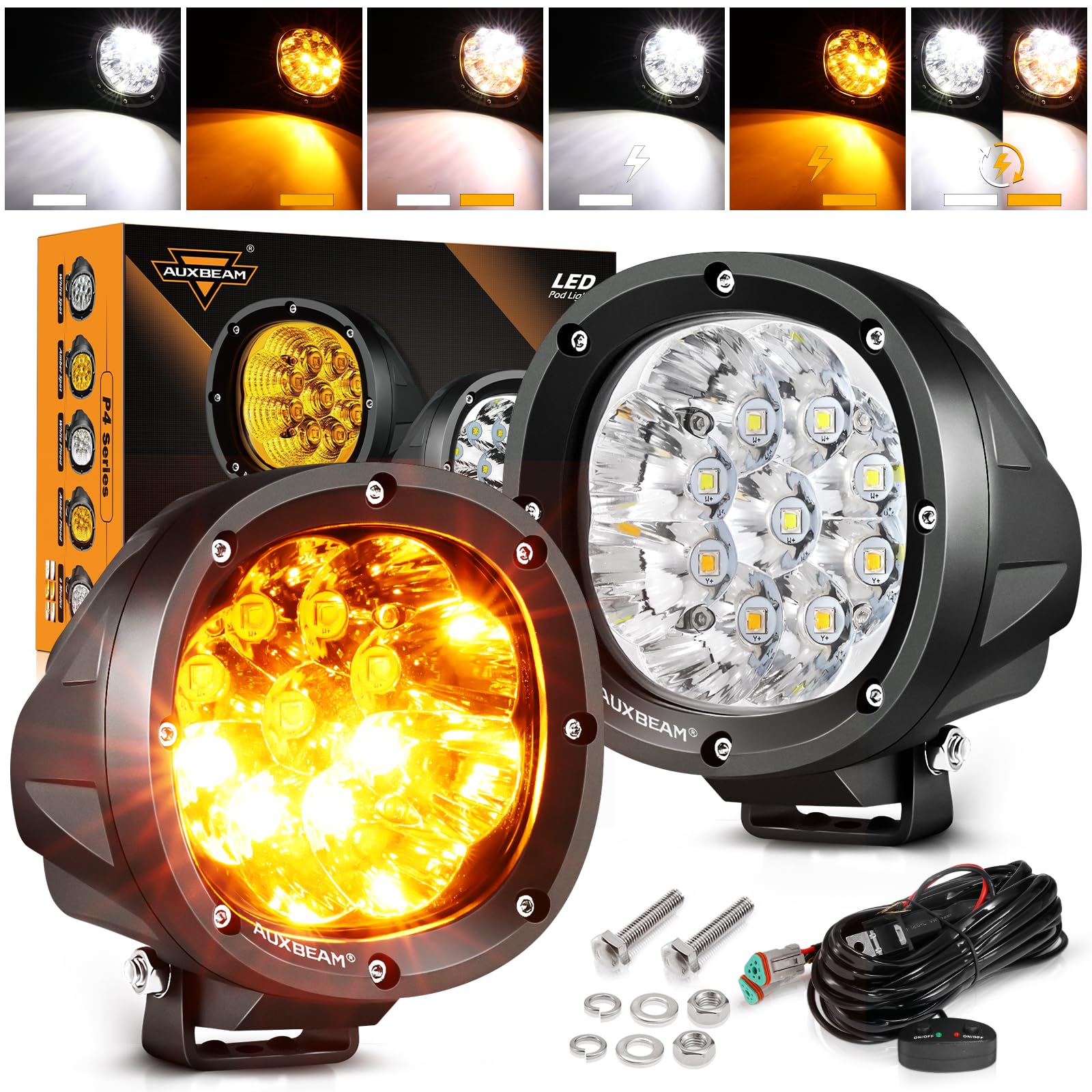 Auxbeam 4 Inch Round Offroad Light, 90W LED Amber White Spot Strobe Light Pods with 6 Modes, Dual Color Flashing Driving Fog Lights Bar Plug & Play for Truck, Pickup, SUV, ATV, UTV, 4x4, Jeep Image