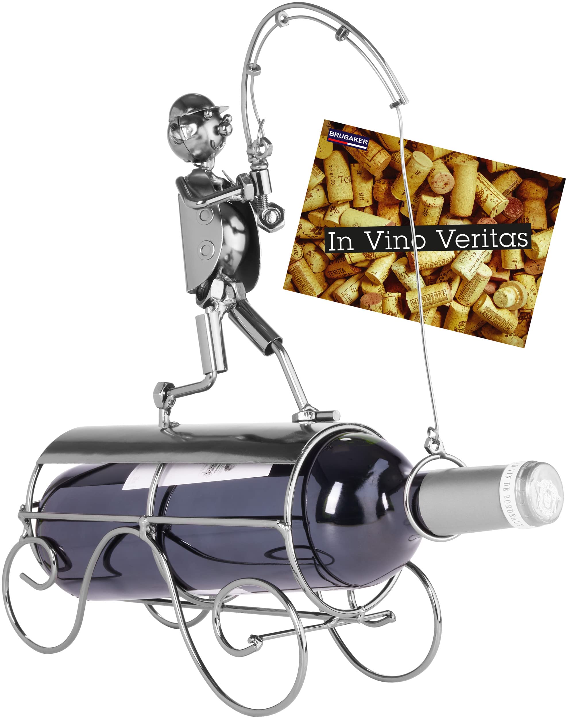 BRUBAKER Wine Bottle Holder Angler with Cast Net - Metal Sculpture - Wine Rack Decor - Tabletop - incl. Gift Card