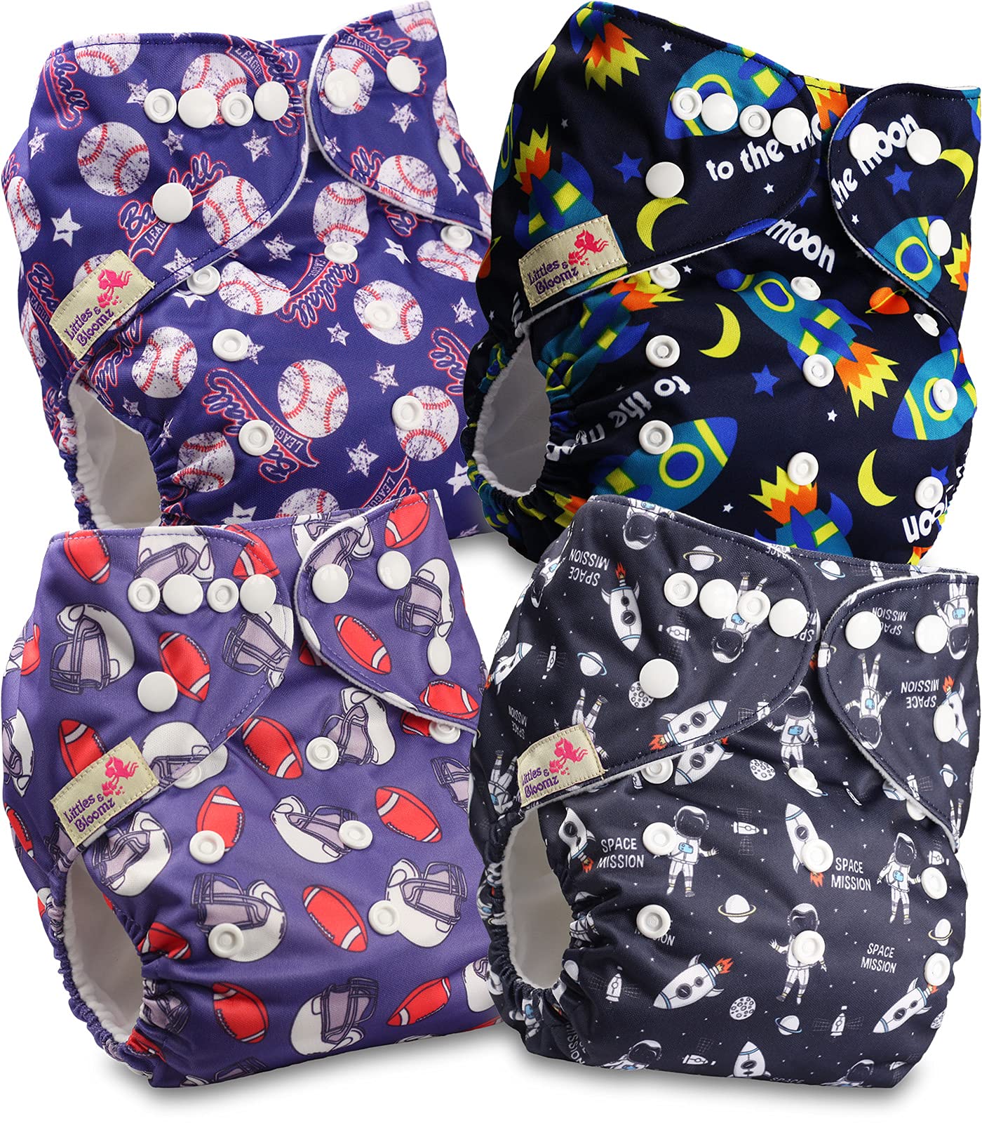 Littles and Bloomz Baby Reusable Pocket Nappy Cloth Diaper, Standard Popper, 4 Nappies, FLP2-0402