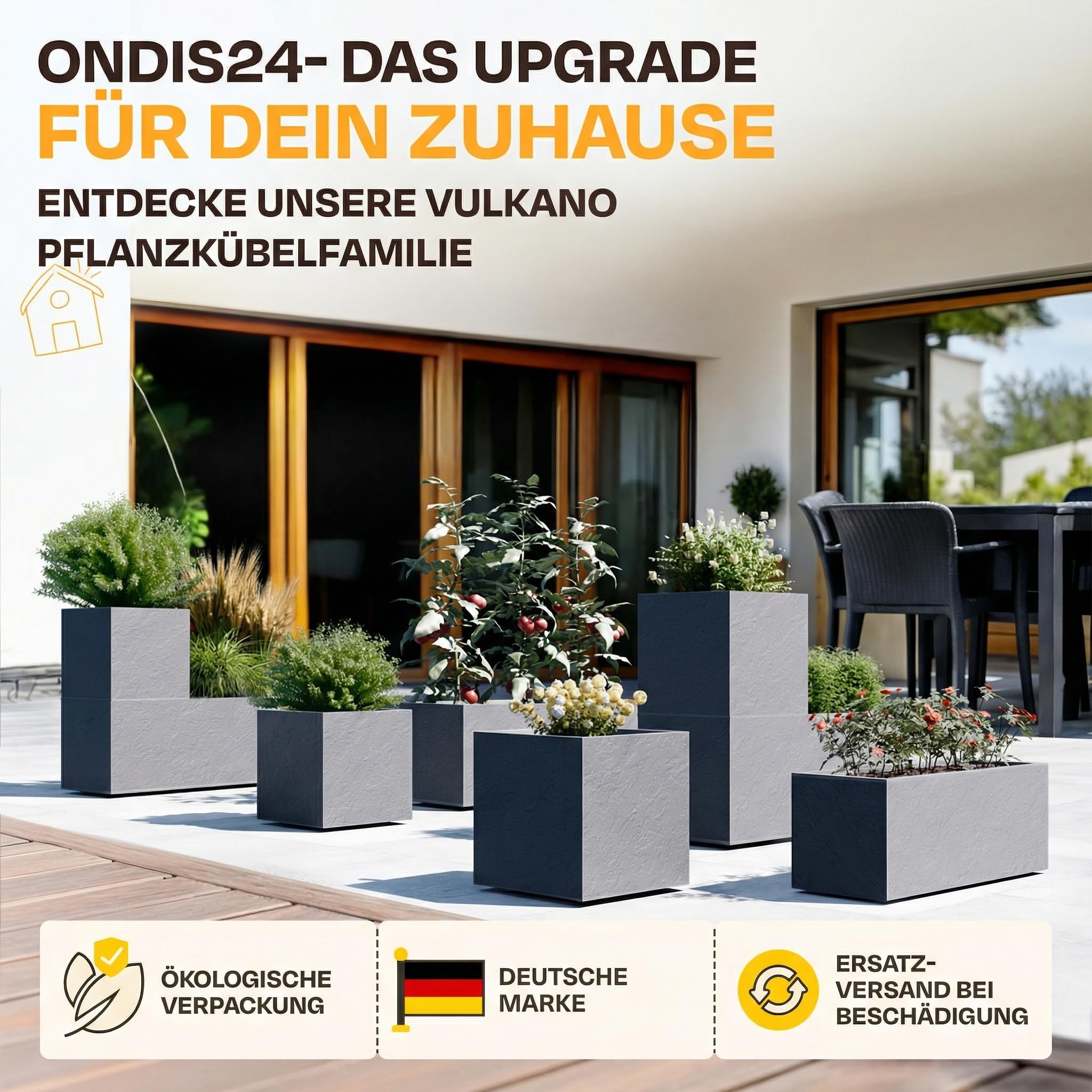 Ondis24 2X Pflanzkübel Vulkano, je 50L Pflanzvolumen, rechteckig, Blumenkasten mit Wasserspeicher, Balkon Terrasse, Blumenkübel, Doppelpack (Anthrazit) 7