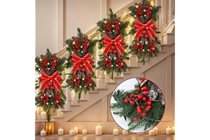 HBEYLIA 4 Pack Christmas Swags with Lights - 24" Prelit Artificial Xmas Staircase Swag Hanging Lighted Wreath Front Door Teardrop Swag Garland Christmas Swags for Decorating Outdoor Home Garden Decor