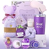 Briney Valentines Day Gifts for Women, Lavender Birthday Gift Set & Bath Basket, Basket Spa & Personal Care Package, Care Package Spa Basket for Girlfriend Wife Mom Sister
