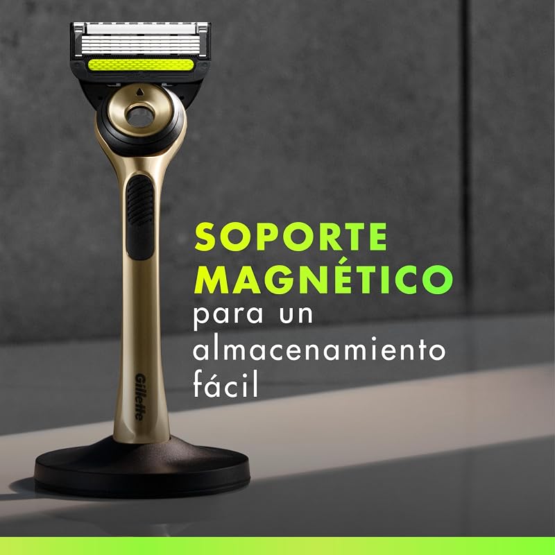Navalha Labs Champion Gold Edition com recargas, 1 pega com barra esfoliante integrada, 3 lâminas com banda lubrificante, 1 suporte magnético