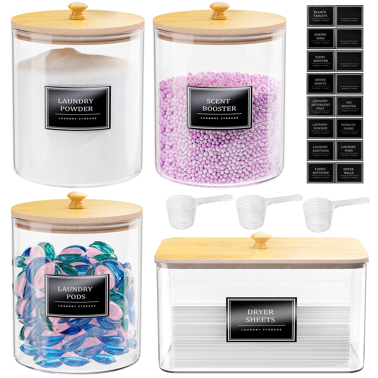 Photo 1 of 3+1 Pack Glass Laundry Pods Container,Laundry Room Organization Jar,Laundry Detergent Powder Storage Containers with Airtight Lids & Labels,laundry Detergent Dispenser for Scent Beads,Powder,Pods