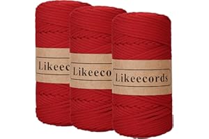 Likeecords 3 Skeins of 4mm Polyester Braided Macrame Cord 140Yard /426Feet,Elastic Yarn for Crocheting Bag Cord for DIY Crafts,Plant Hangers, Bag, and Home Decorations (red)