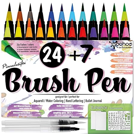 woohoo4u® Brush Pen Set Pinselstifte - [ 24+2+3+2 ] Bullet Journal Zubehör Stifte für Hand-Lettering/Kalligraphie Set Zeichnu