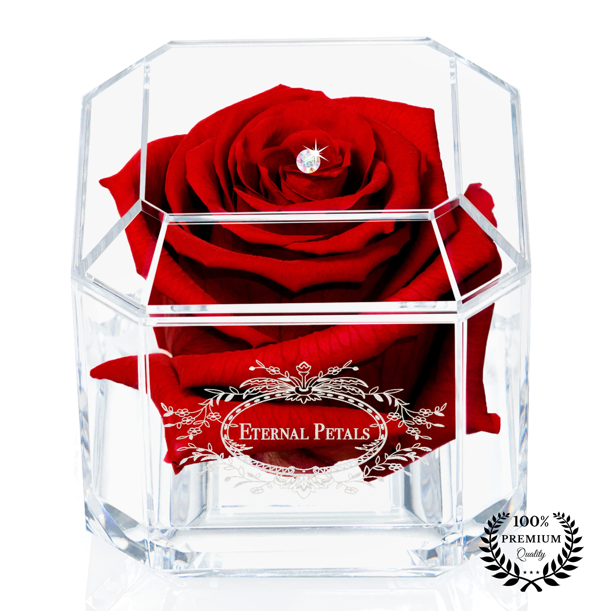 A 100% Real Rose That Lasts Years - Eternal Petals, Handmade in London - White Gold Solo with A Multicolor Crystal (Deep Red) โ image 1