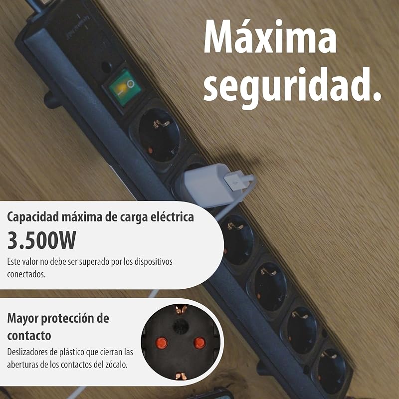 Comfort Line regleta de enchufes con 6 Tomas de Corriente para Montaje (Cable de 2 m, Interruptor Iluminado, montable, Enchufe Plano) Negro