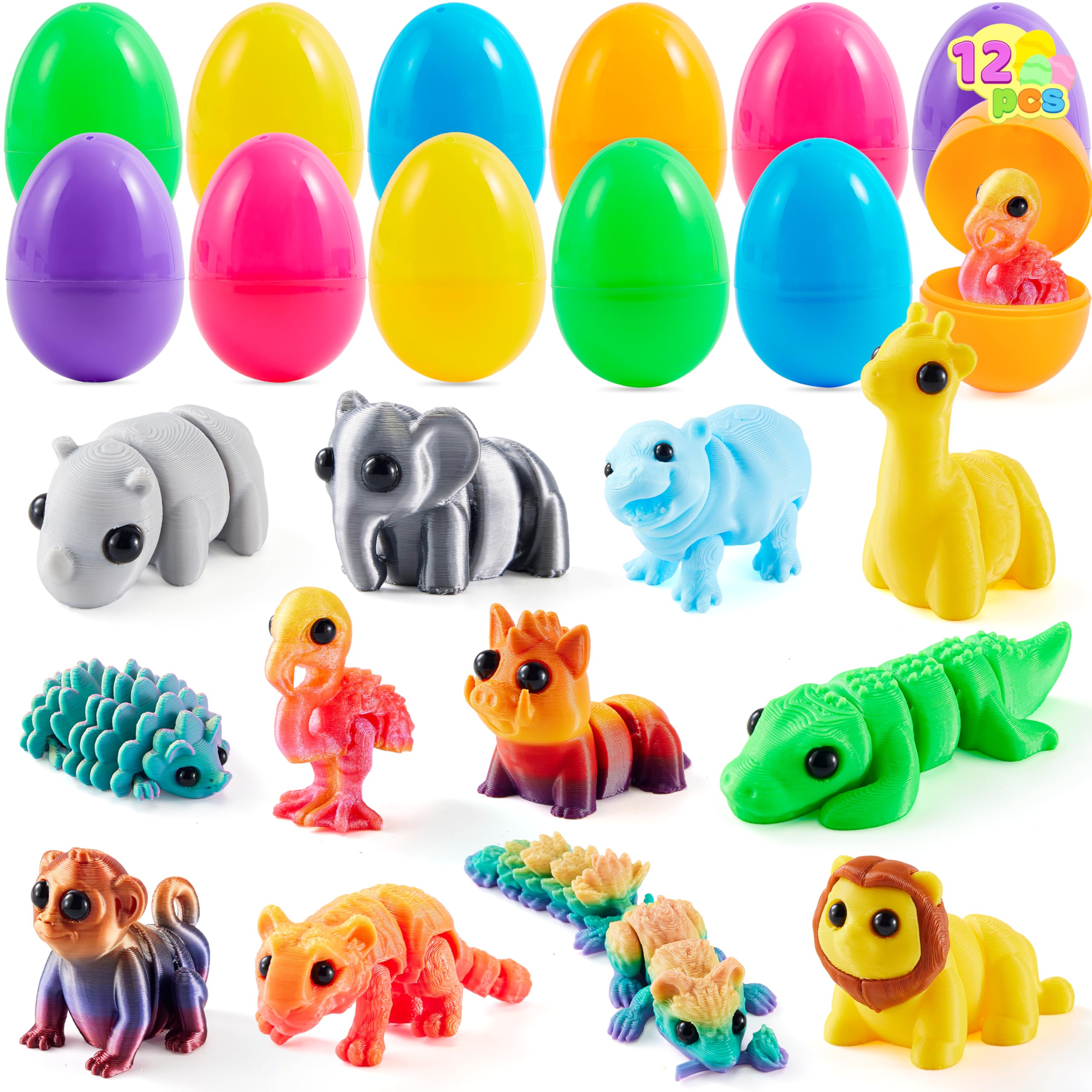 JOYIN 12 Pcs Prefilled Easter Eggs with 3D Printed Wild Animals, 3D Articulated Toys for Party Favors, Basket Stuffers, Goodie Bag Fillers, Classroom Prize Supplies, Party Games for Boys & Girls