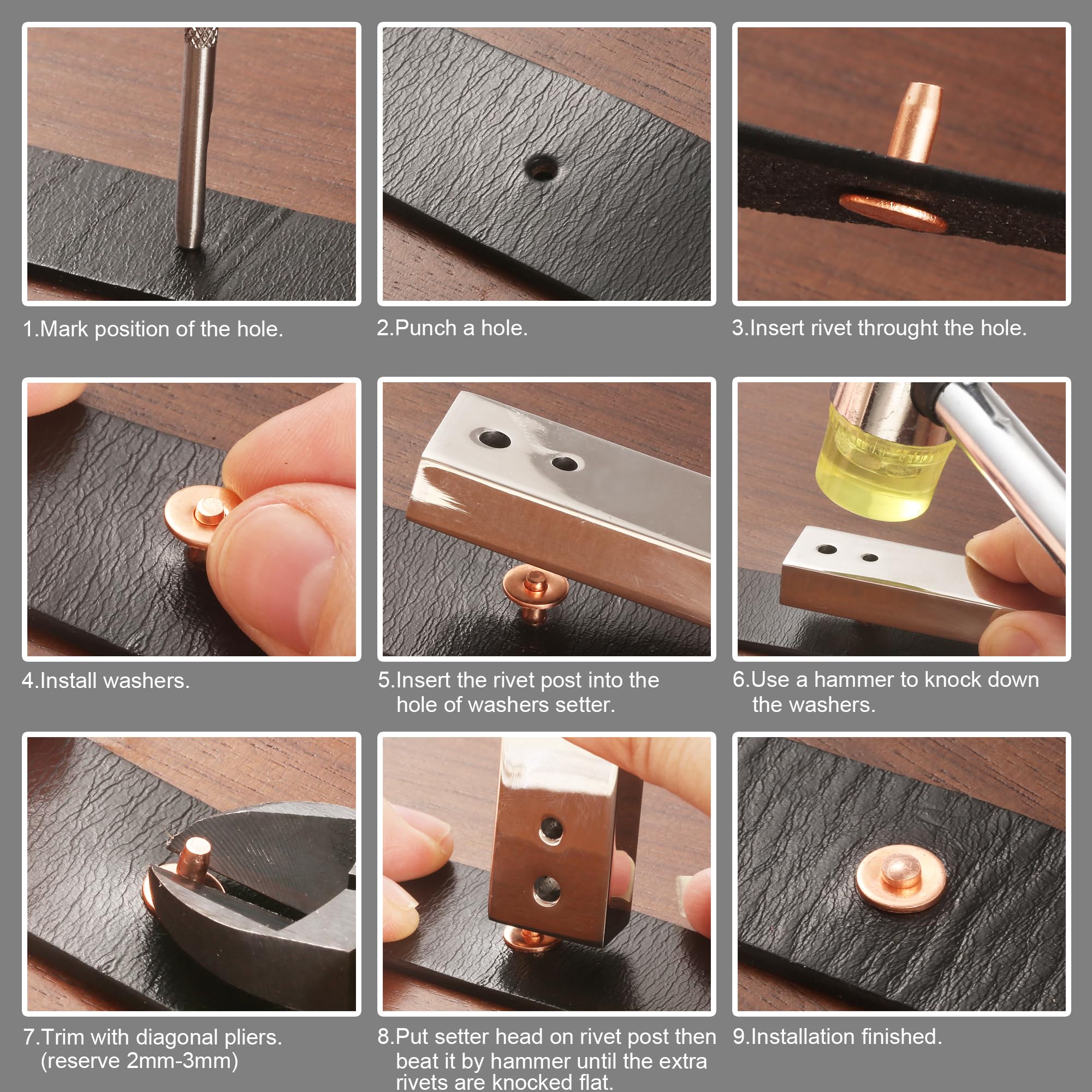 Notgia 50Sets Copper Rivets Assorted Leather Rivet Kit for Leather Working Brass Rivets with Solid Rivet Tool Setter for Repair and Decorate Belts Handbags Wallets Collars Shoes Clothing Bracelets