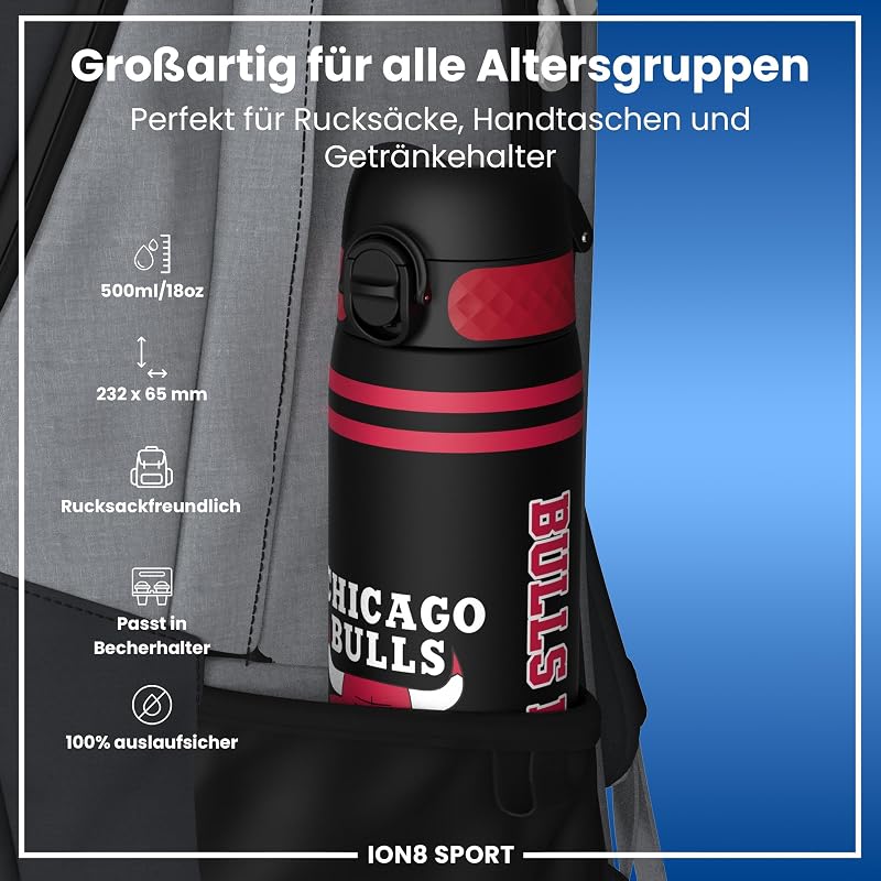 NBA Chicago Bulls Trinkflasche, 500 ml, Auslaufsicher, Einhandöffnung, Sichere Verriegelung, Spülmaschinenfest, BPA-frei, Tragegriff, Klappdeckel, Leicht zu Reinigen