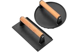 AIKWI Burger Press for Blackstone Griddle, 6.8-inch Round & 8.2" x 4.2" Rectangular Heavy Duty Cast Iron Smash Meat Steak Sandwich Bacon Grill Press with Wood Handle for Barbecue, Nonstick Pan