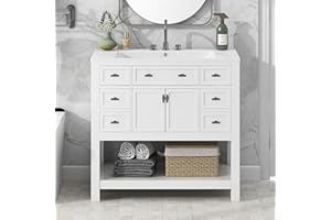 LUMISOL 36" Bathroom Vanity with Sink, Modern Bathroom Vanities with 6 Drawers & Cabinet & Open Shelf, Wooden Bathroom Cabinet with Undermount Sink, White
