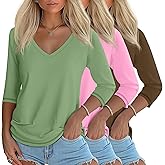 Ficerd 3 Pack Women's 3/4 Length Sleeve T Shirts, V Neck Tops Loose Fit Blouses Casual Tees 2026 Fashion Clothes