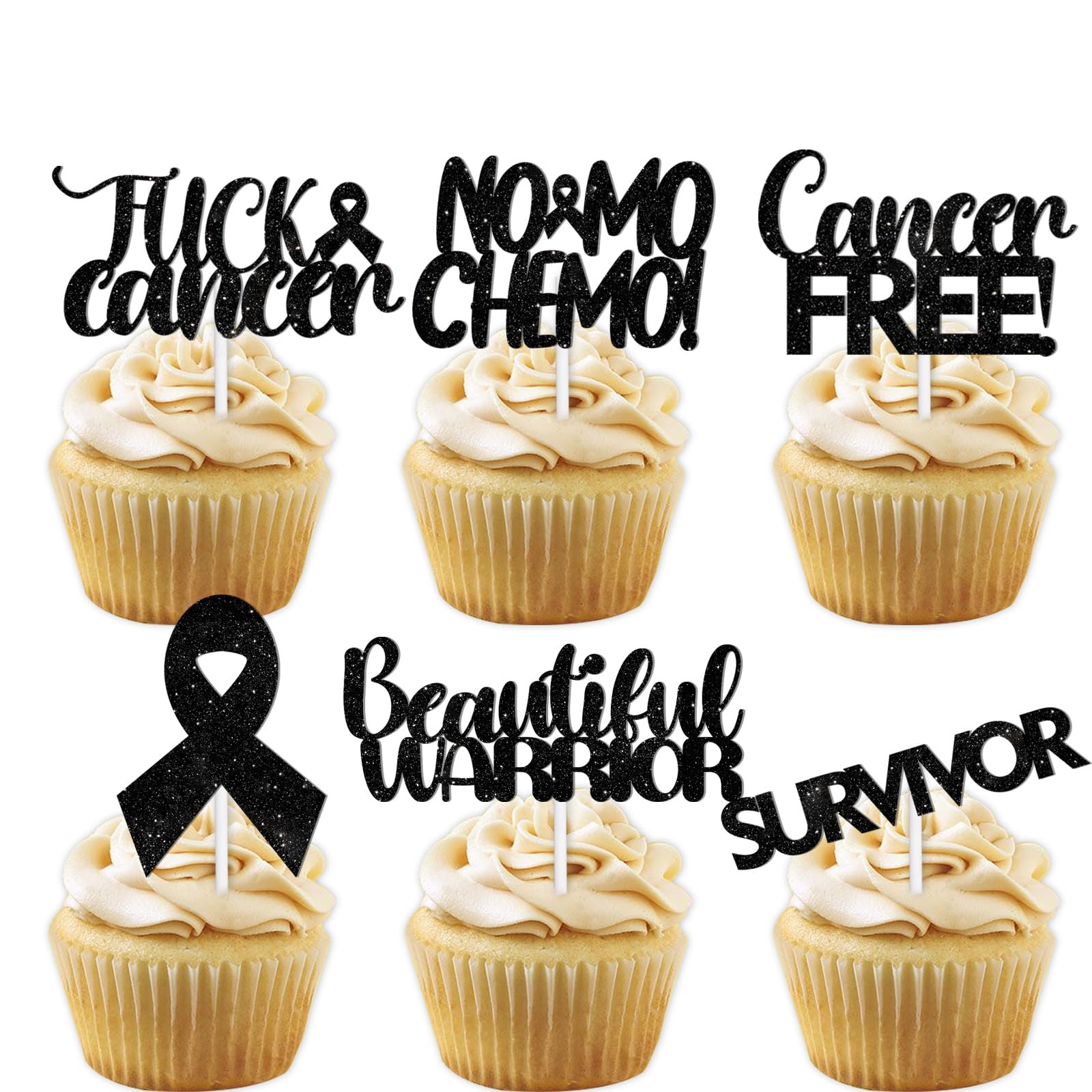 Photo 1 of 18pcs Black Glitter Dessert Cupcake Topper Cancer Chemo Free Survivor Warrior Theme Decor Supplies Breast Cancer Breast Care Awareness Birthday Party Decoration