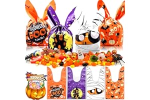 PHOTKEN 120 Pcs 4 Patterns Halloween Candy Bags, 5.5 x 9 inch Small Plastic Rabbit Ears Snack Bags, Cute Pumpkin, Ghost, Witch, and Mummy Designs, Halloween Party Favor Bags for Kids and Adults