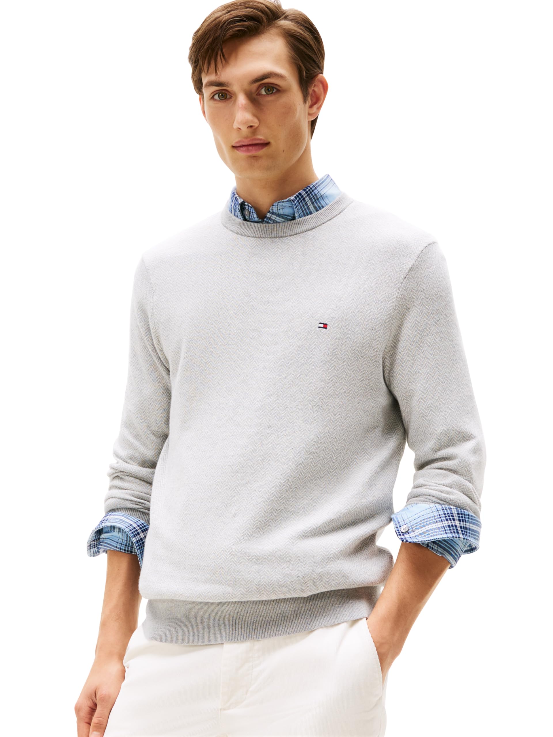 Tommy Hilfiger Men’s Cotton Cashmere Crewneck Sweater, Light Grey Heather/Ivory Petal X-Large