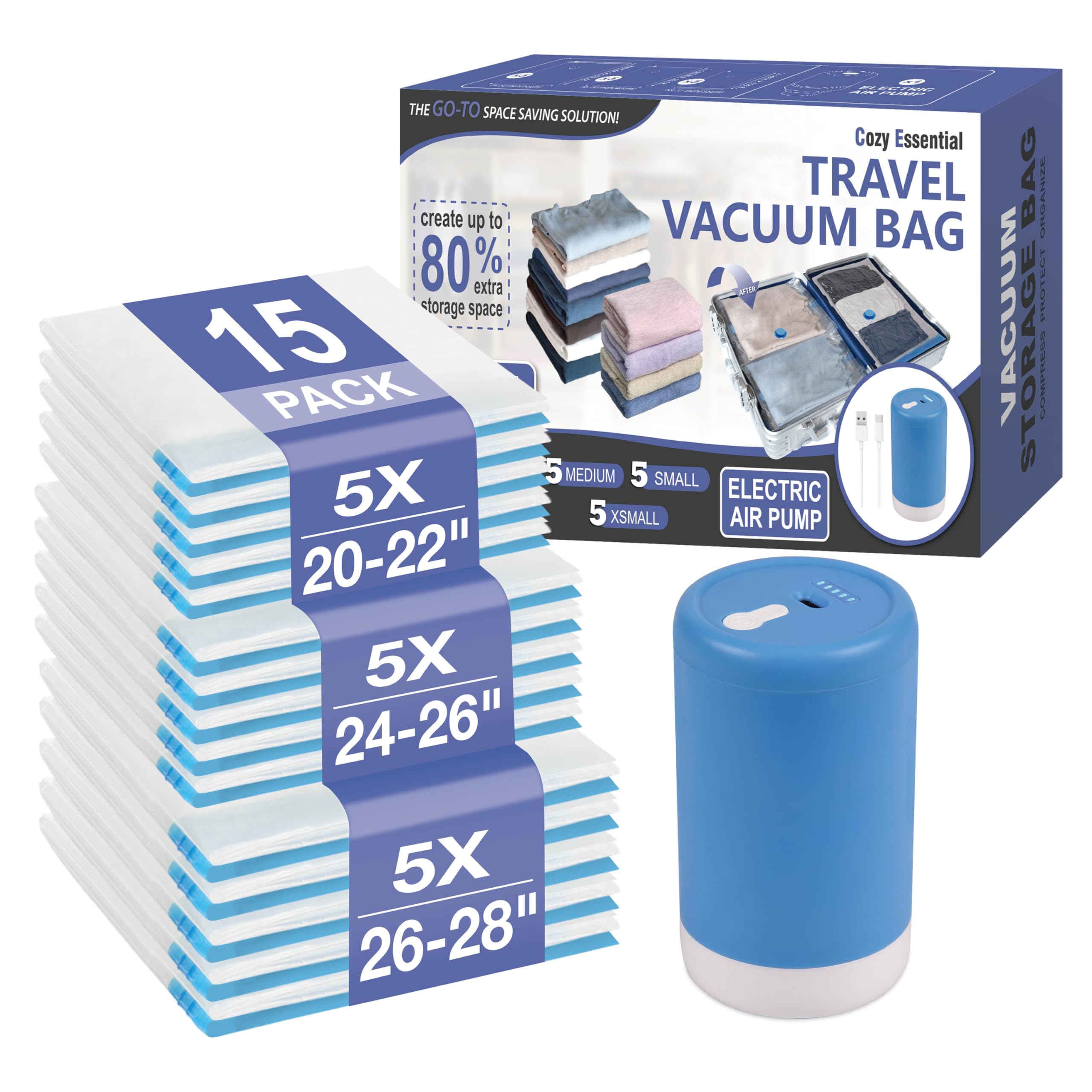 Cozy Essential Travel Vacuum Storage Bags with Rechargeable Cordless USB Pump, Space Saver Bags for Luggage, Suitcase, Carry-On, for Clothes, Blankets, Bedding & Seasonal Storage,15 Combo